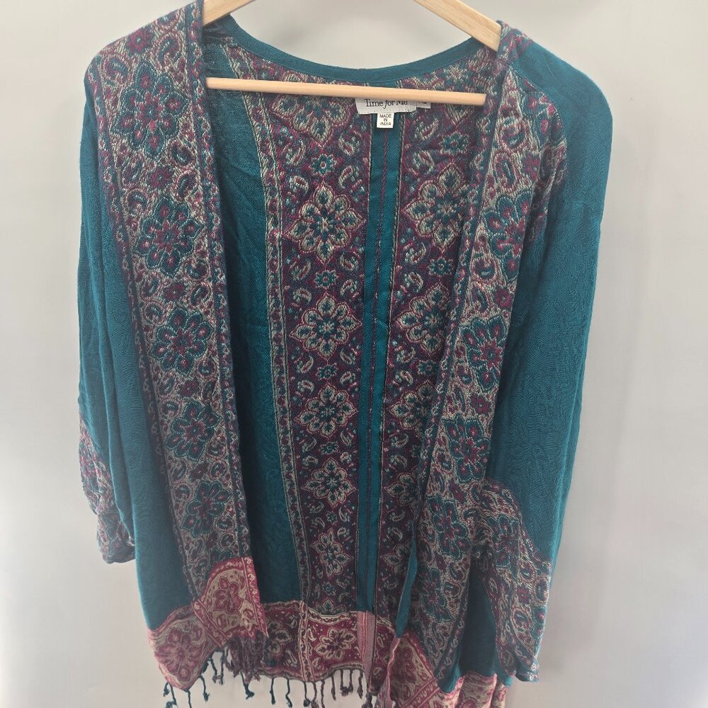 Time For Me Turquoise Brocade Kimono Boho Fringe Ruana Wrap Size XL